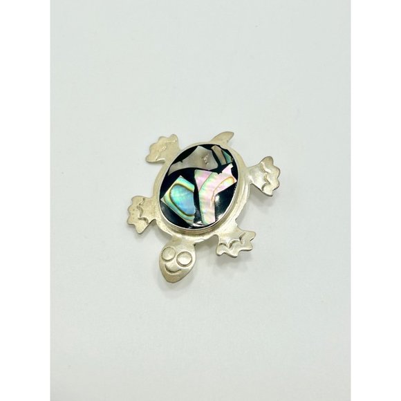Vintage Alpaca Silver Mexico Turtle Pin Brooch with Abalone Shell & Stone Inlay - Picture 3 of 7